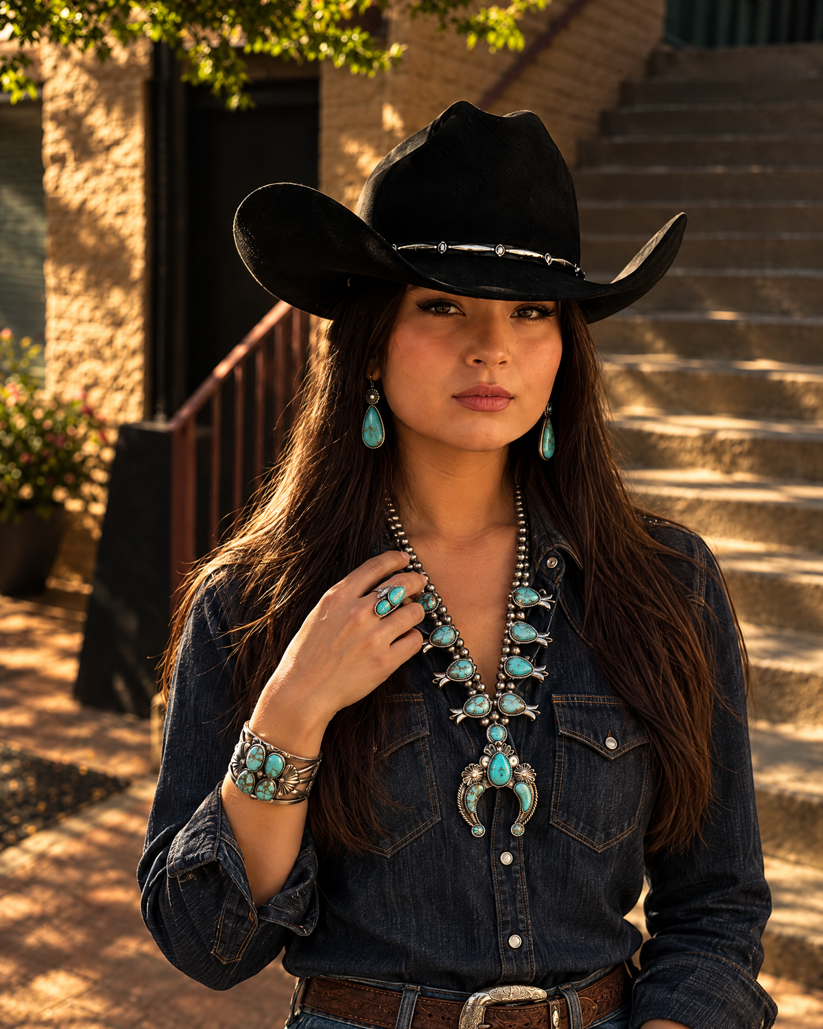 Cowgirl wearing a sterling silver and turquoise squash blossom necklace at Last Rodeo Tempe