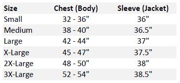 Size chart for men's lightweight leather Western blazer, sizes S to 2XL