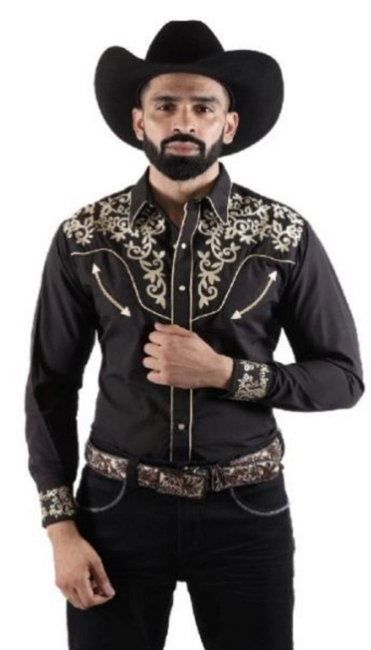 mens black embroidered western shirt cream floral cowboy embroidery rodeo western style