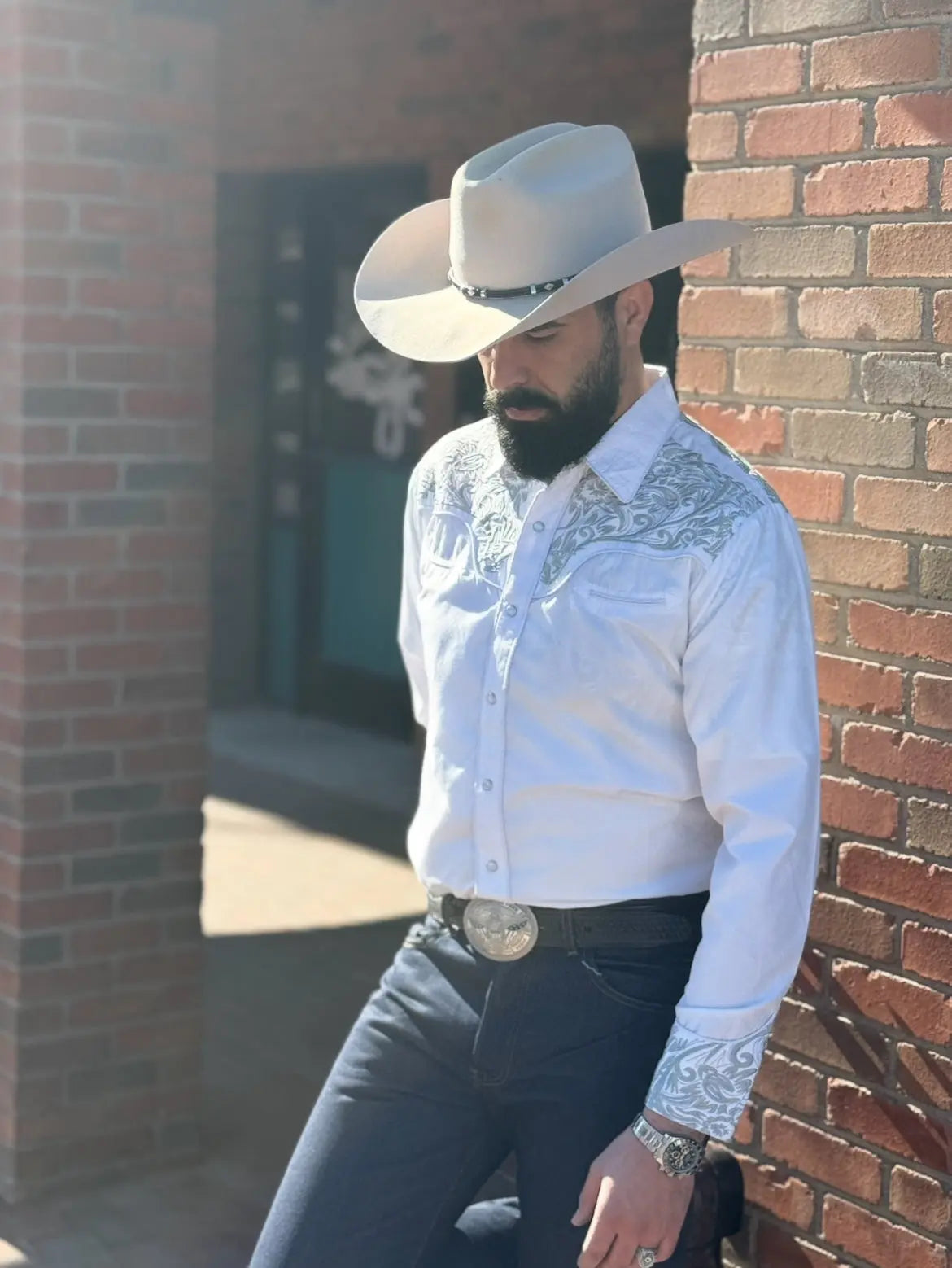mens white embroidered western shirt pearl snap cowboy shirt with cowboy hat