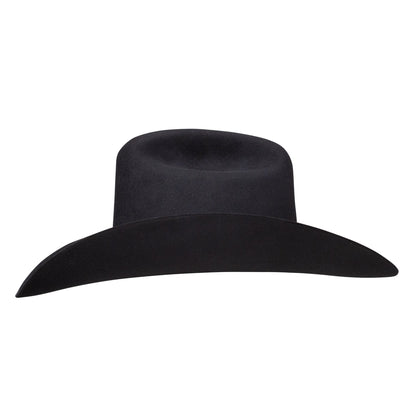 Stetson El Patron Black cowboy hat side profile with sterling silver JBS buckle