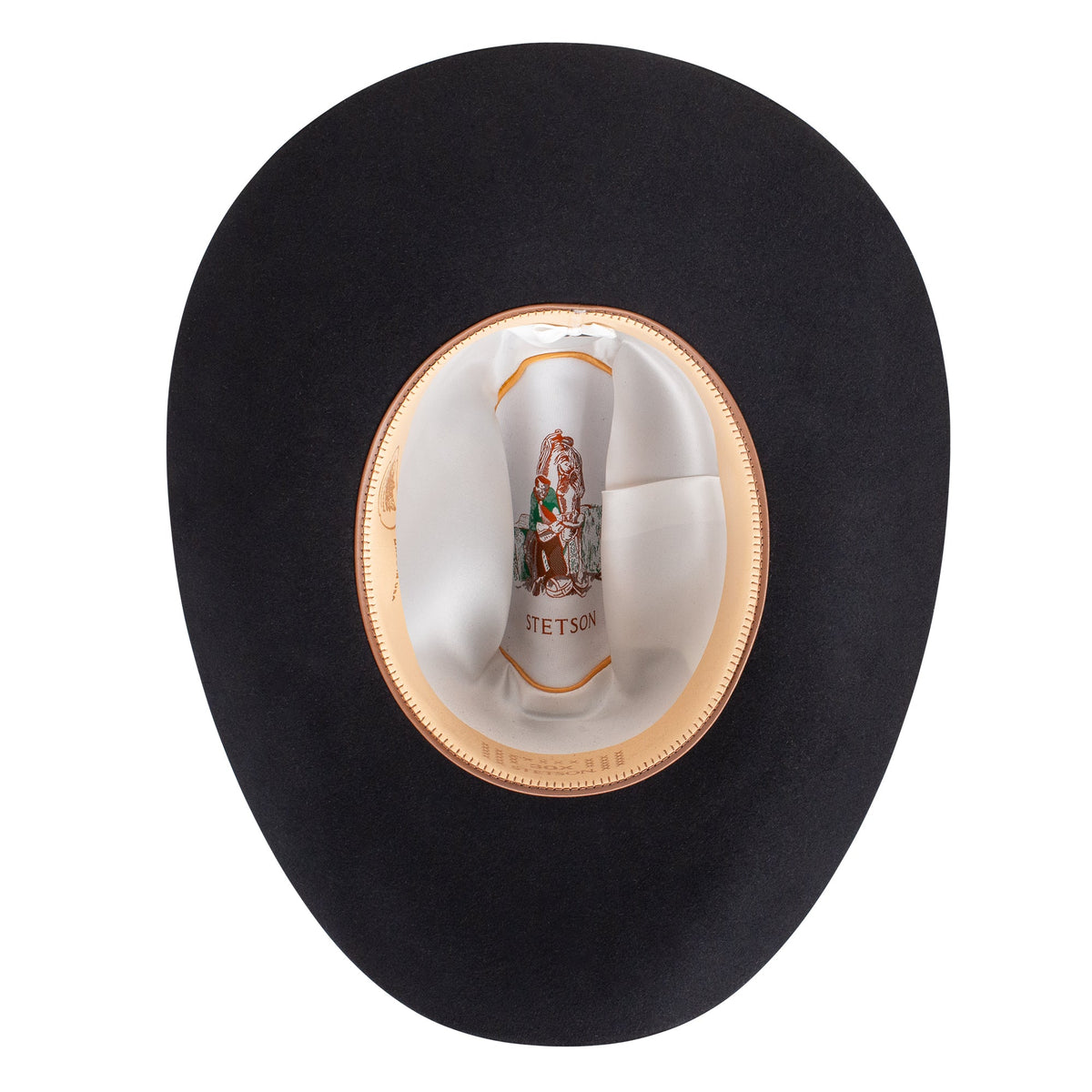 Stetson El Patron Black cowboy hat interior with satin liner and leather sweatband