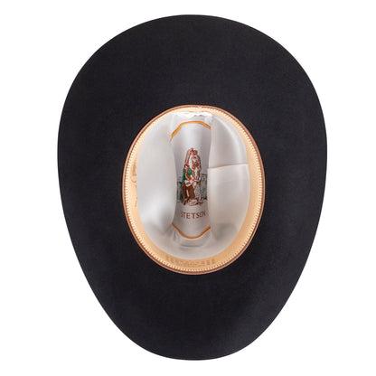 Stetson El Patron Black cowboy hat interior with satin liner and leather sweatband
