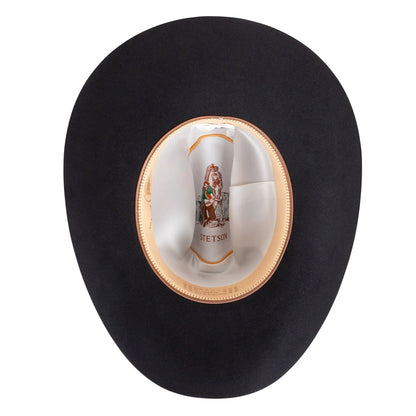 Stetson El Patron Black cowboy hat interior with satin liner and leather sweatband